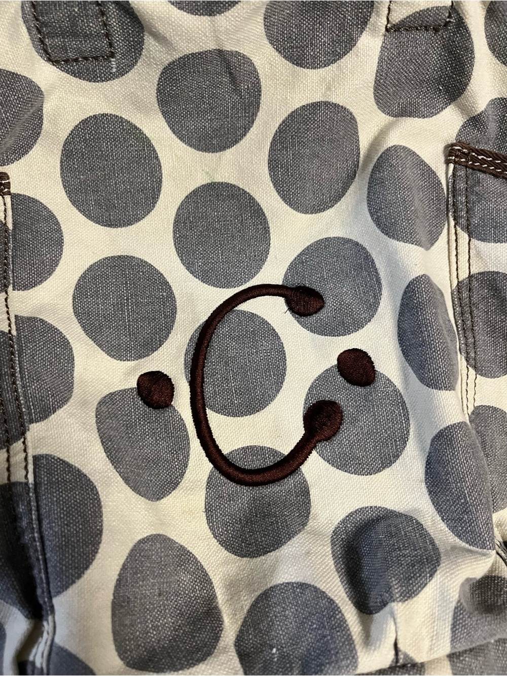 Thirty One Canvas Polka Dot Tote Bag with Embroidered initial C - Gray & Cream - Picture 4 of 6